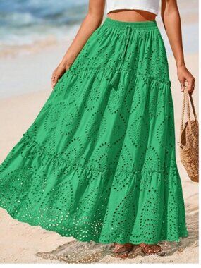 Boho Eyelet Lace stretchy waist Flowy Maxi Skirt